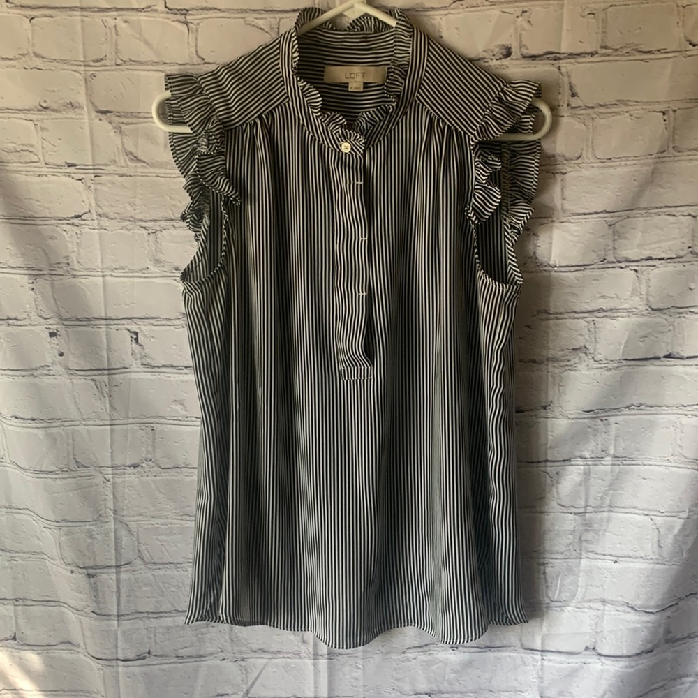 Loft Navy and White M ruffle blouse